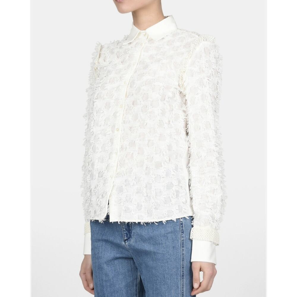 See By Chloe Crochet Paneled Fil Coupe Cotton Textured Blouse XS Office Designer